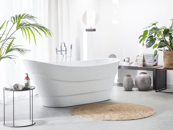 Fritstående Badekar Hvid Blank Akryl 170 x 73 cm Moderne Japansk Emaljeret Bad Glam Design Oval Badeværelse Tilbehør Indretning