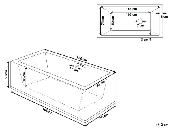 Kylpyamme musta 170 x 60 x 76 cm akryyli suorakulmio 240 L ylivuotojärjestelmä