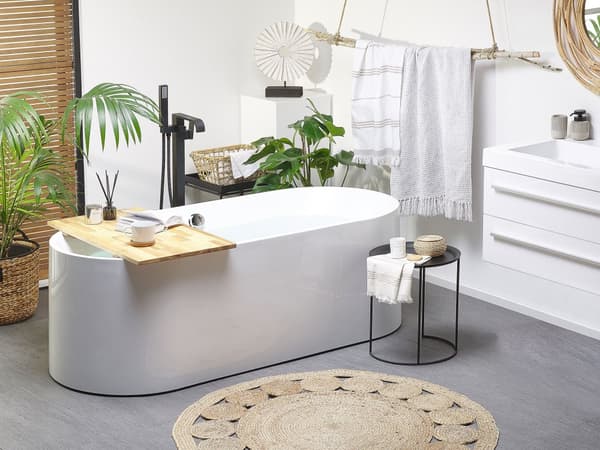 Badekar Hvid Blank Sanitær Akryl 170 x 75 cm Fritstående Siddebadekar til Voksne Moderne Ellipse formet Badeværelse Inspiration Indretning