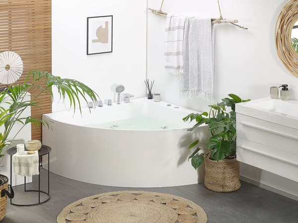 Hjørne Boblebad Bad Hvid med Sølv Sanitær Akryl Single 133 x 187 cm Hydromassage Moderne Stil