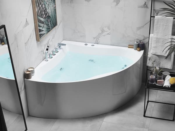 Hjørne Boblebad Bad Hvid med Sølv Sanitær Akryl Single 133 x 187 cm Hydromassage Moderne Stil