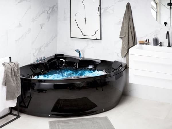 Hjørne Bad Badekar Sort Akryl 205 x 163 cm 2-pers. Massage Nakkestøtte