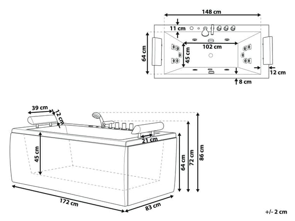 Badekar Sort Akryl 172 x 83 x 64 cm 2 Personers Spa Boblebad Indendørs Voksne Nakkestøtte LED lys Fritstående Moderne Badeværelse Inspiration