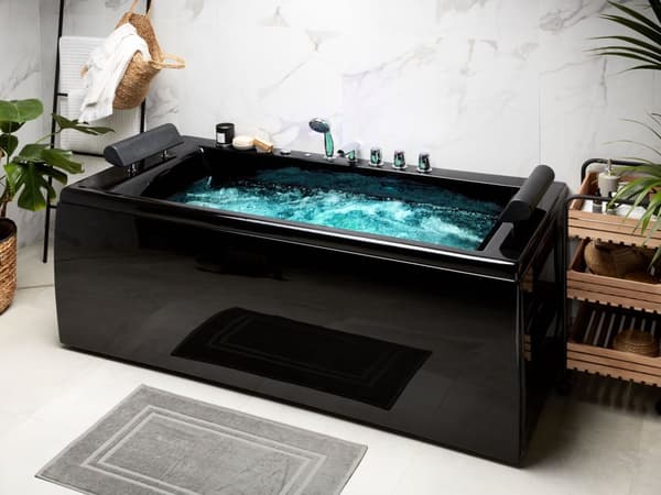 Badekar Sort Akryl 172 x 83 x 64 cm 2 Personers Spa Boblebad Indendørs Voksne Nakkestøtte LED lys Fritstående Moderne Badeværelse Inspiration