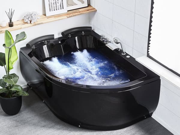 Boblebad Bad Sort Sanitær Akryl LED Belysning Buet Højre Hånds 158 x 113 cm