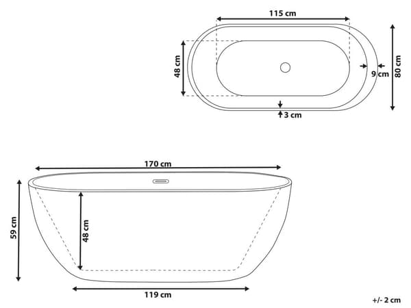 Poreamme musta 170 x 80 x 60 cm akryyli ovaali LED-valo ylivuotojärjestelmä