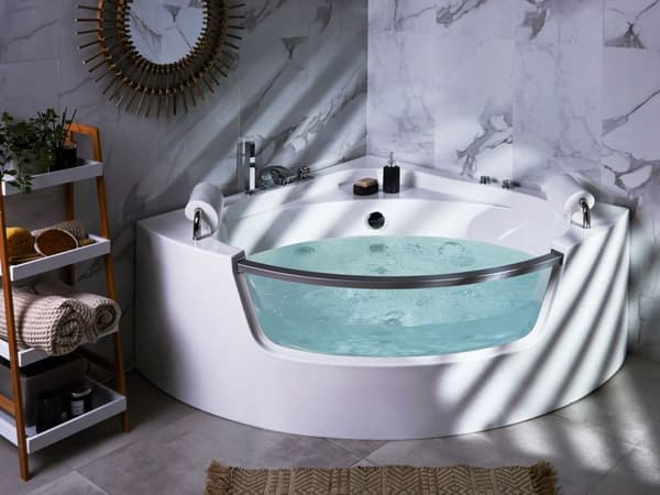 Hjørne Boblebad Bad Hvid Sanitær Akryl med LED Massage Jets 201 x 150 cm Moderne Design