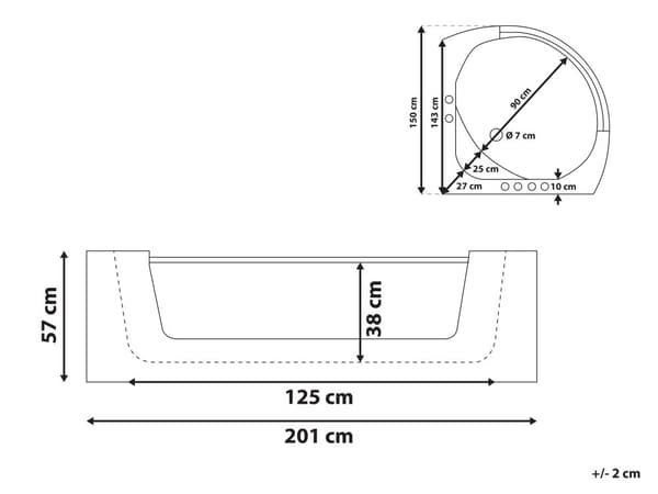 Kulmaporeamme valkoinen 201 x 150 x 57 cm akryyli 2 hengelle LED-valot vesisuihkut lasipaneeli