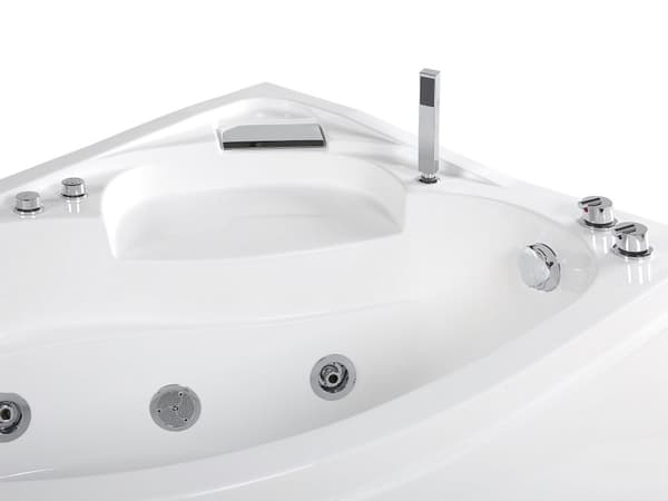 Venstre Hjørne Boblebad Bad Hvid Akryl med LED Lys Hydromassage og 2 Nakkestøtter