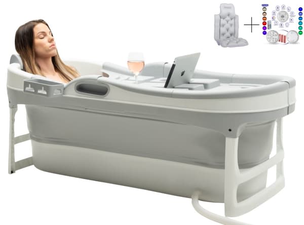 HelloBath Vikbar badbalja för vuxna - 148cm - 220L - Extra långt - Inklusive badkudde & förvaringsskydd - Grå
