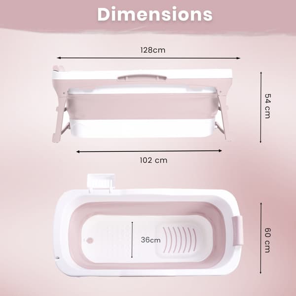 HelloBath® hopfällbart badkar - 128 cm långt - Badhink - Olivia Rosa - Extra lång - Inkl. Badkudde, undervattenslampa & förvaringsskydd