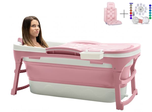 HelloBath® hopfällbart badkar - 128 cm långt - Badhink - Olivia Rosa - Extra lång - Inkl. Badkudde, undervattenslampa & förvaringsskydd
