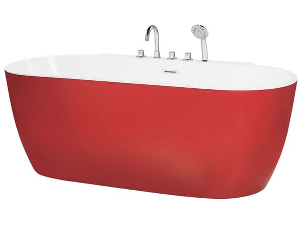Badekar Rød Hvid 170x80 cm Oval 1-pers Høj Kvalitet Akryl Fritstående Bad med Vandhane Moderne Skandinavisk Badeværelse Badeværelsesmøbel