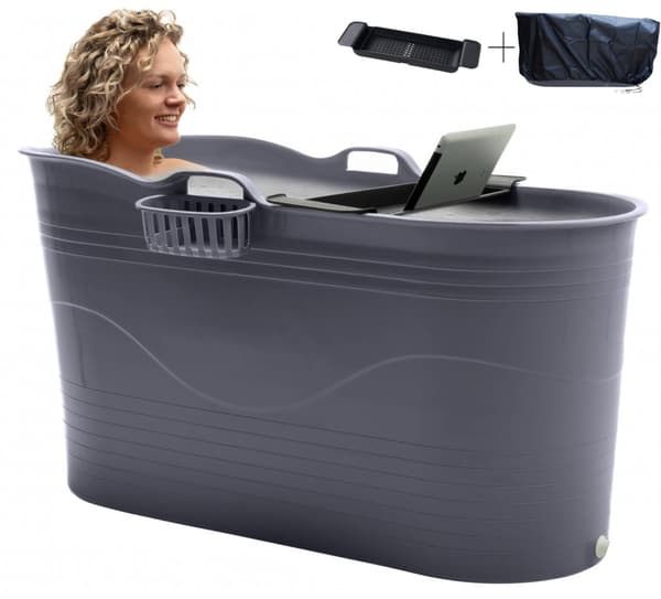 HelloBath® - Bath Bucket XL (Comfort) - Grå - 125 cm - Sittbad för vuxna - Isbad - med töjbar avloppsslang upp till 3 meter