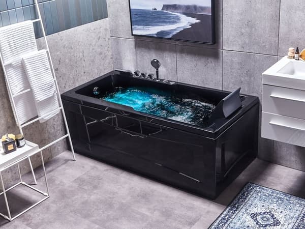 Spabad Sort Blank Akryl 169 x 81 cm Rektangulær Højrehånds Inde Spa badekar Massagedyser Nakkestøtte LED Terapi Badeværelse Indretning