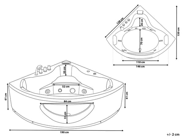 Boblebad Hvit Sanitærakryl 190 x 138 cm LED-lys 10 massasjedyser Moderne design Hjørnebadekar Baderom