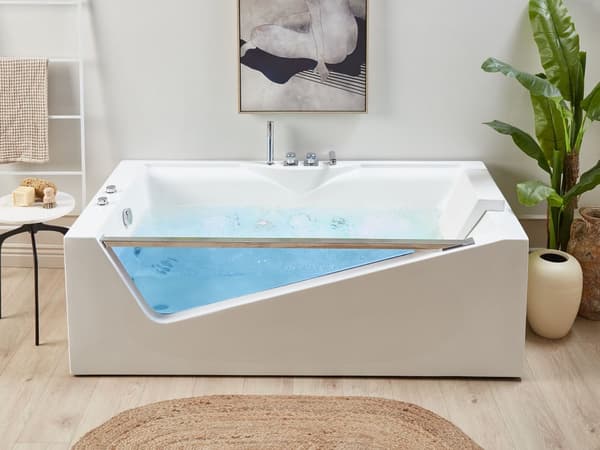 Boblebad Hvit Sanitær Akryl Glassfront LED-belyst Massasje Rektangulær 157 x 70 cm Moderne Design
