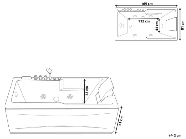 Boblebad Svart Akryl 169 x 81 cm Høyrevendt Massasjedyser Nakkestøtte LED-lys