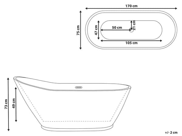 Kylpyamme valkoinen 170 x 75 x 73 cm akryyli lasikuitu matta ovaali vapaasti seisova moderni