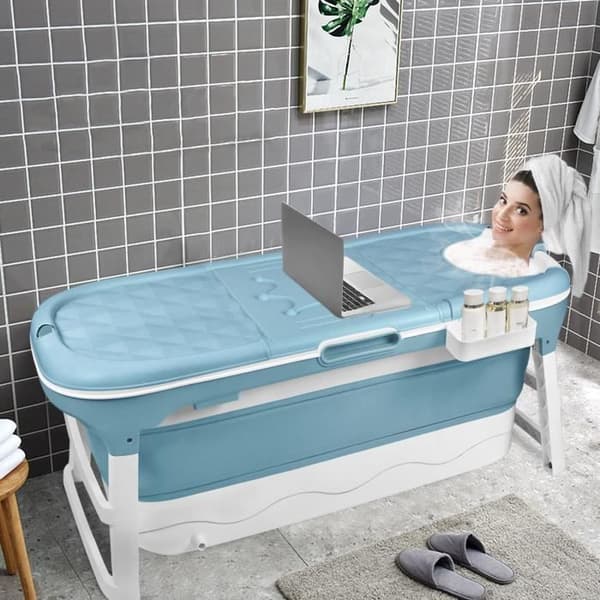 XMTECH hopfällbart badkar 148x60x53 cm Bärbart plast hopfällbart fristående badkar med hylla för barn och vuxna
