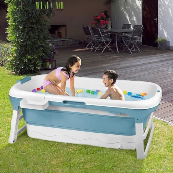 XMTECH hopfällbart badkar 148x60x53 cm Bärbart plast hopfällbart fristående badkar med hylla för barn och vuxna