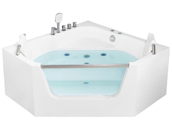 Hvidt akrylbadekar med massagefunktion hjørne 150 x 150 cm klassisk design med nakkestøtte