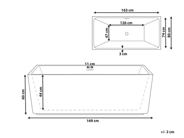 Fritstående badekar i sort akryl 170 x 80 cm rektangulært med riflet effekt moderne til badeværelset