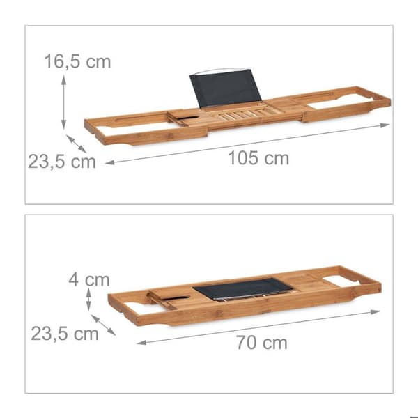 Relaxdays Badkarplatta, i bambu, justerbar (mellan 70 och 105 cm), bokställ, stöd för glas, natur/svart