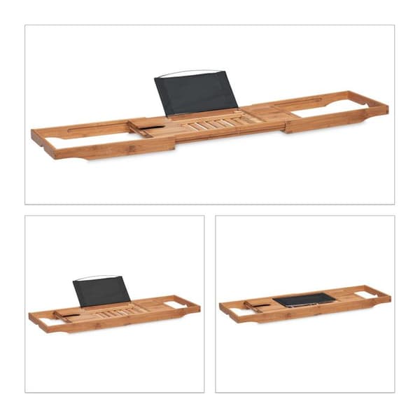 Relaxdays Badkarplatta, i bambu, justerbar (mellan 70 och 105 cm), bokställ, stöd för glas, natur/svart
