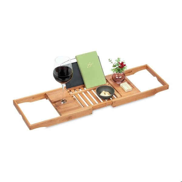 Relaxdays Badkarplatta, i bambu, justerbar (mellan 70 och 105 cm), bokställ, stöd för glas, natur/svart