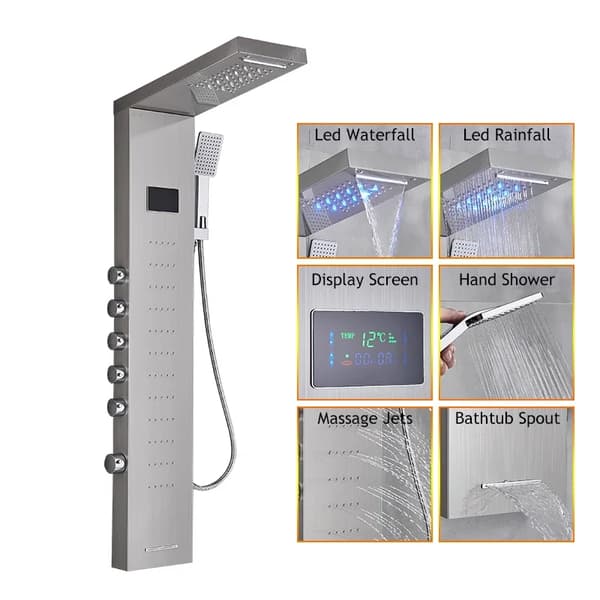 LED Duschpanel, Temperatursensitiv, Massagejets,8013 Borstad nickel