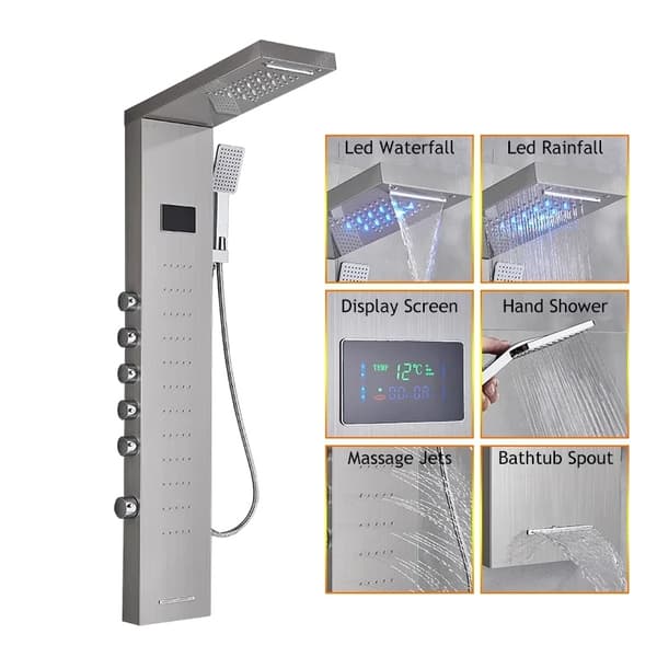LED Duschpanel, Temperatursensitiv, Massagejets,8013 Borstad nickel