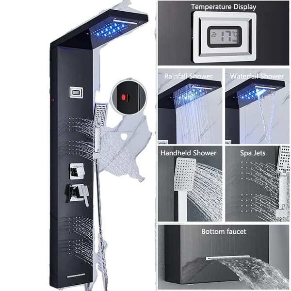LED Duschpanel, Temperatursensitiv, Massagejets,8024 Svart LED