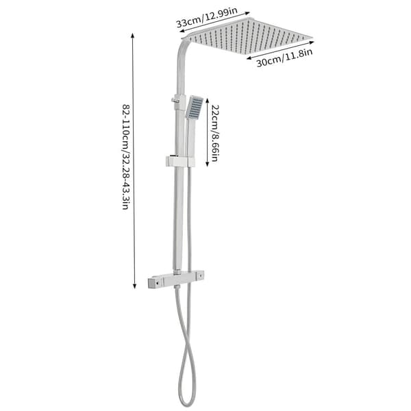 Termostatisk brusesystem, regnbruserhoved, justerbar højde,Sølv