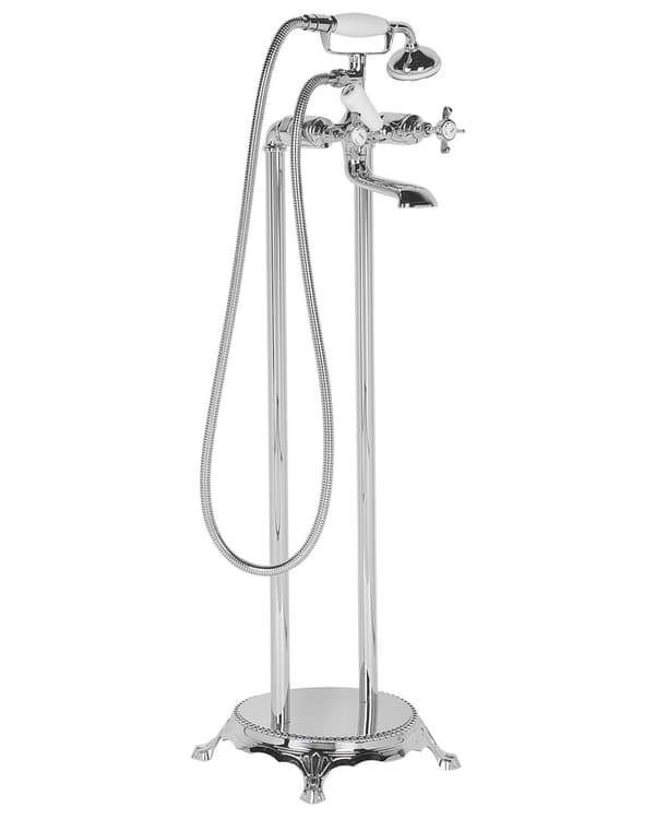 Fritstående Kararmatur Sølv Blank Messing og Stål 98 cm Brusearmatur Retro Stil Nem opsætning