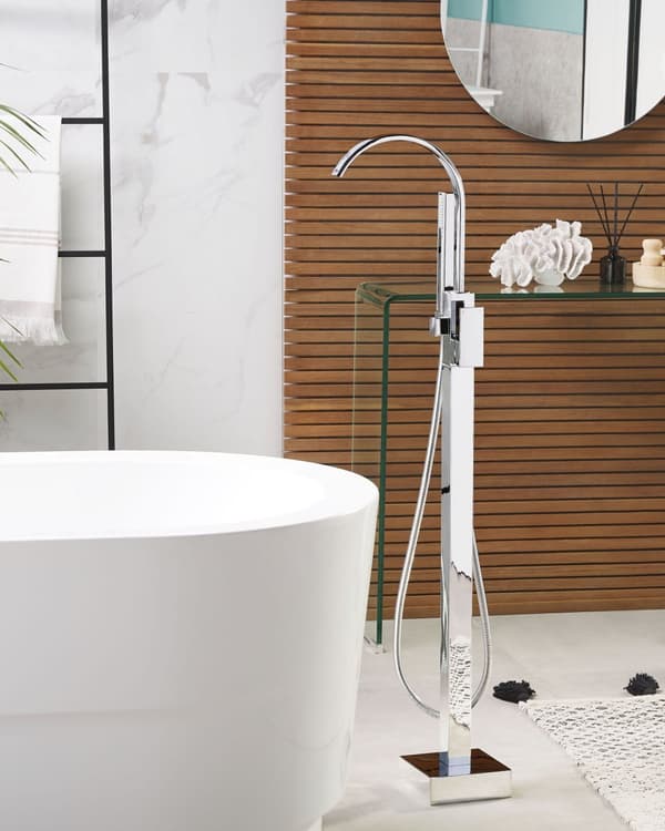 Fritstående Armatur til Badekar Sølv Messing Blank 108 cm Tilbehør med Håndbruser Moderne Design til Badeværelse med Fast Tude