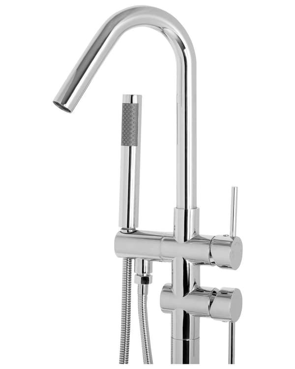 Fritstående kararmatur Sølv farvet blank messing og zink 115 cm tilbehør med Håndbruser Moderne Design dekor med fast tude