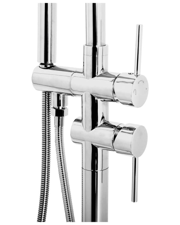 Fritstående kararmatur Sølv farvet blank messing og zink 115 cm tilbehør med Håndbruser Moderne Design dekor med fast tude