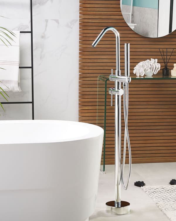 Fritstående kararmatur Sølv farvet blank messing og zink 115 cm tilbehør med Håndbruser Moderne Design dekor med fast tude