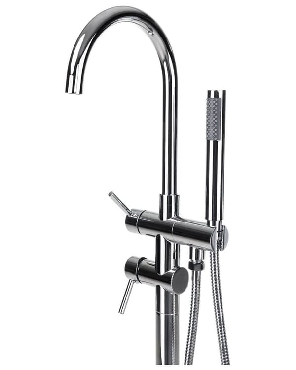 Fritstående kararmatur Sølv og Messing i blank stål 116 cm badekar tilbehør med Håndbruser Moderne Design dekor med fast tude og luftblander