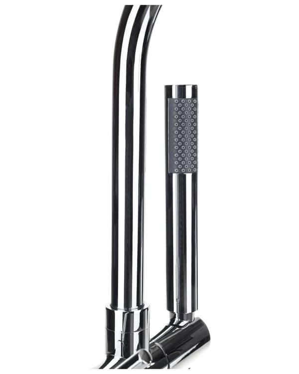 Fritstående kararmatur Sølv og Messing i blank stål 116 cm badekar tilbehør med Håndbruser Moderne Design dekor med fast tude og luftblander