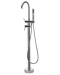 Miniatyrbillede 1 af 8: Fritstående kararmatur Sølv og Messing i blank stål 116 cm badekar tilbehør med Håndbruser Moderne Design dekor med fast tude og luftblander