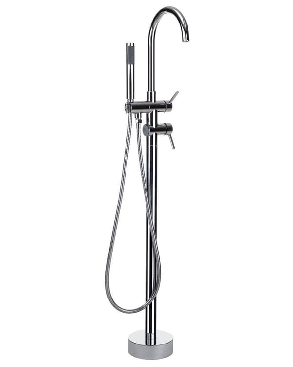 Fritstående kararmatur Sølv og Messing i blank stål 116 cm badekar tilbehør med Håndbruser Moderne Design dekor med fast tude og luftblander