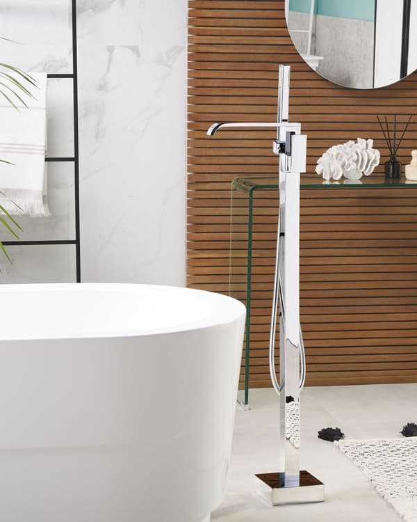 Badekar Armatur Sølv Blank 120 cm Fritstående Blandingsbatteri Gulvmonteret Et-grebs Tilbehør med Håndbruser Moderne Design Fast Tude