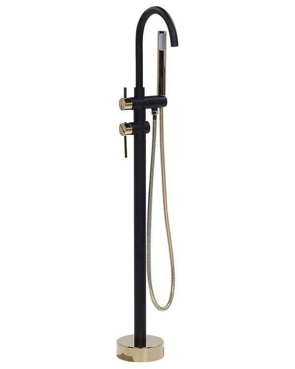 Badebatteri Sort med guld Messing Rustfrit stål Fritstående badekararmatur med håndbruser Moderne design