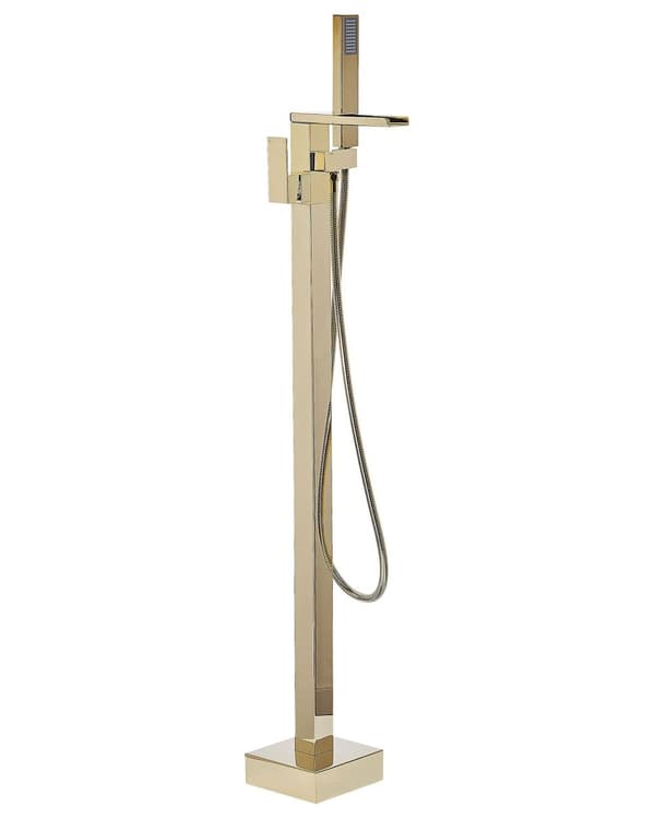 Fritstående Badekar Armatur i Guld Blank Finish Messing Rustfrit Stål 118 cm med Håndbruser Moderne Design Fast Tud Badeværelse Tilbehør