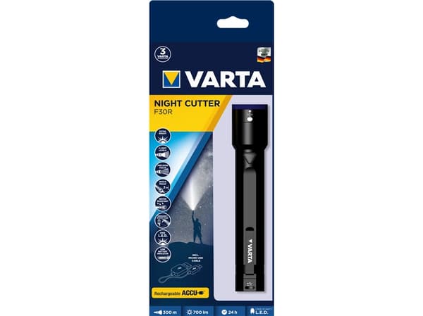 Varta F30R, Käsikokoinen taskulamppu, Musta, 2 m, IPX4, LED, 10 W