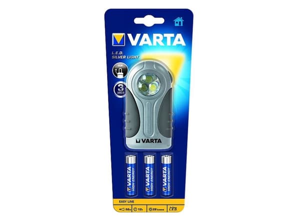 Varta 16647, Käsikokoinen taskulamppu, Musta, Hopea, Muovi, Kumi, LED, 3 lamppua, 28 lm