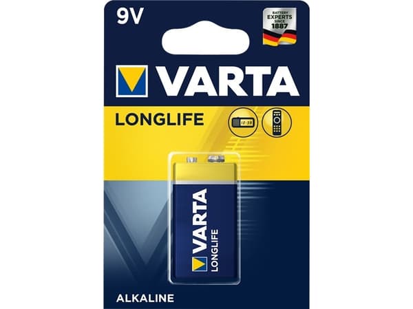 Varta Longlife Extra 9V, Kertakäyttöinen akku, 9V, Alkali, 9 V, 1 kpl, 48,5 mm