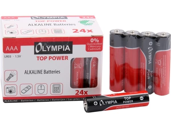 Olympia 40180, AAA, Alkalinsk, 24 stykker, 7 år, Sort, Rød, Vindu-eske